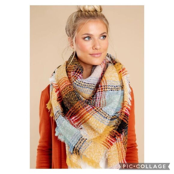 Yellow Brown Multi Knit Blanket Scarf Plaid - Picture 8 of 8